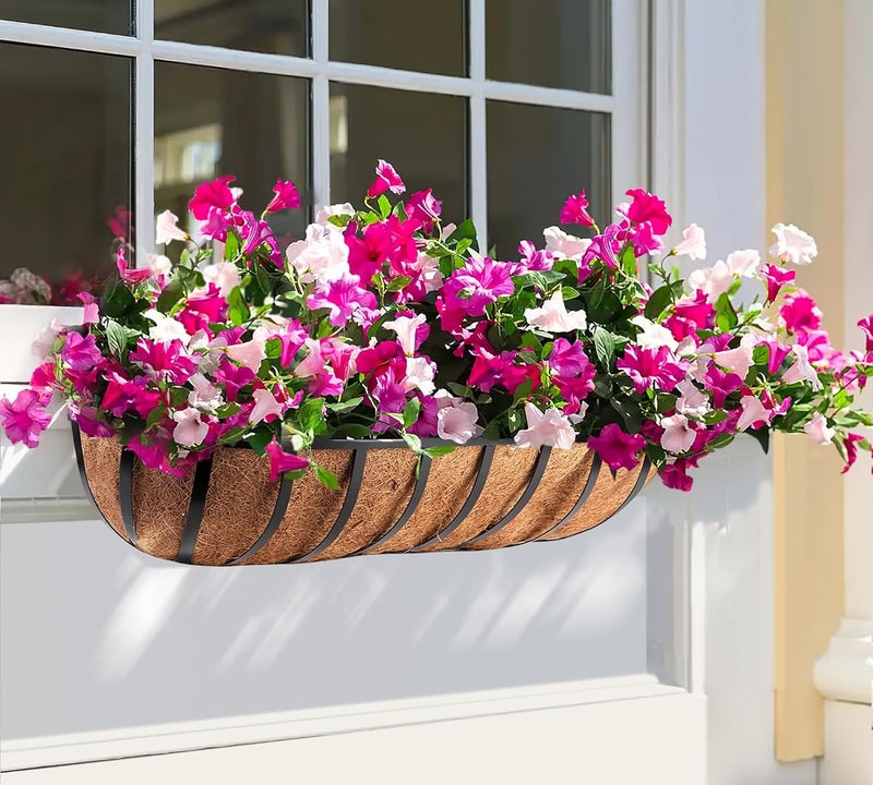 YM 30-Inch Window Planter Box 2Pcs Iron Deck Railing With Coco Liner, Metal Horse Troughs for Outdoor Balcony Rail Fence Porch Patio - Image 5